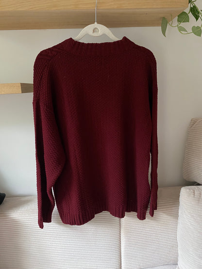 Vintage Zopfstrick Pullover in weinrot mit Stickerei, oversize, S,M,L