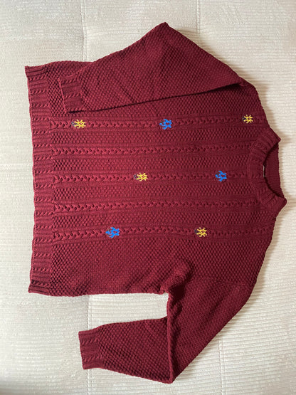 Vintage Zopfstrick Pullover in weinrot mit Stickerei, oversize, S,M,L