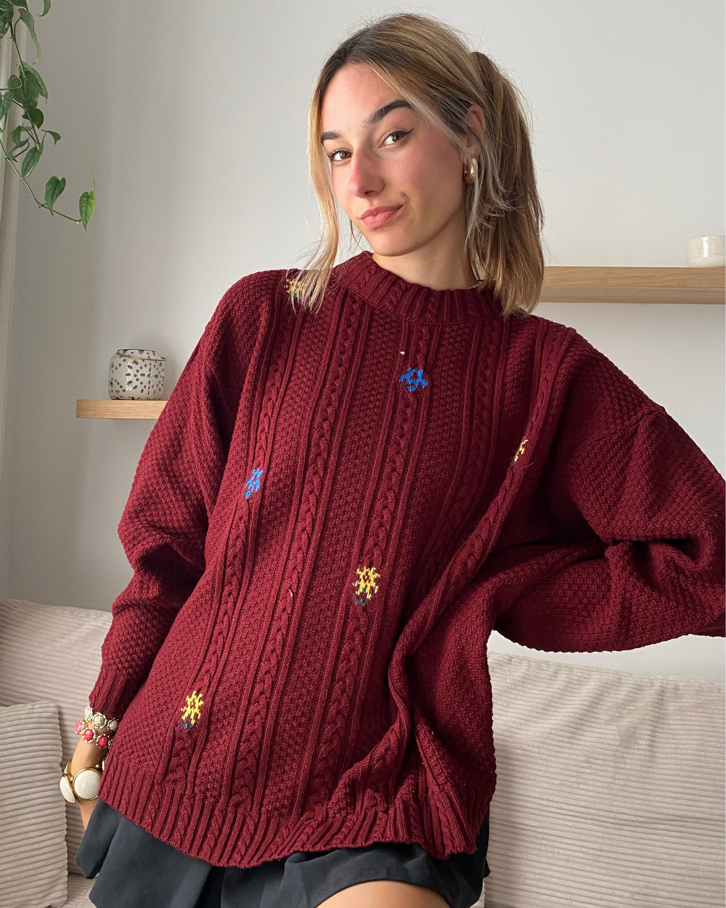 Vintage Zopfstrick Pullover in weinrot mit Stickerei, oversize, S,M,L