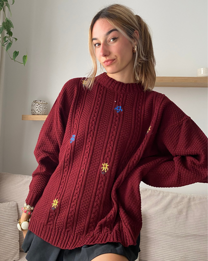 Vintage Zopfstrick Pullover in weinrot mit Stickerei, oversize, S,M,L