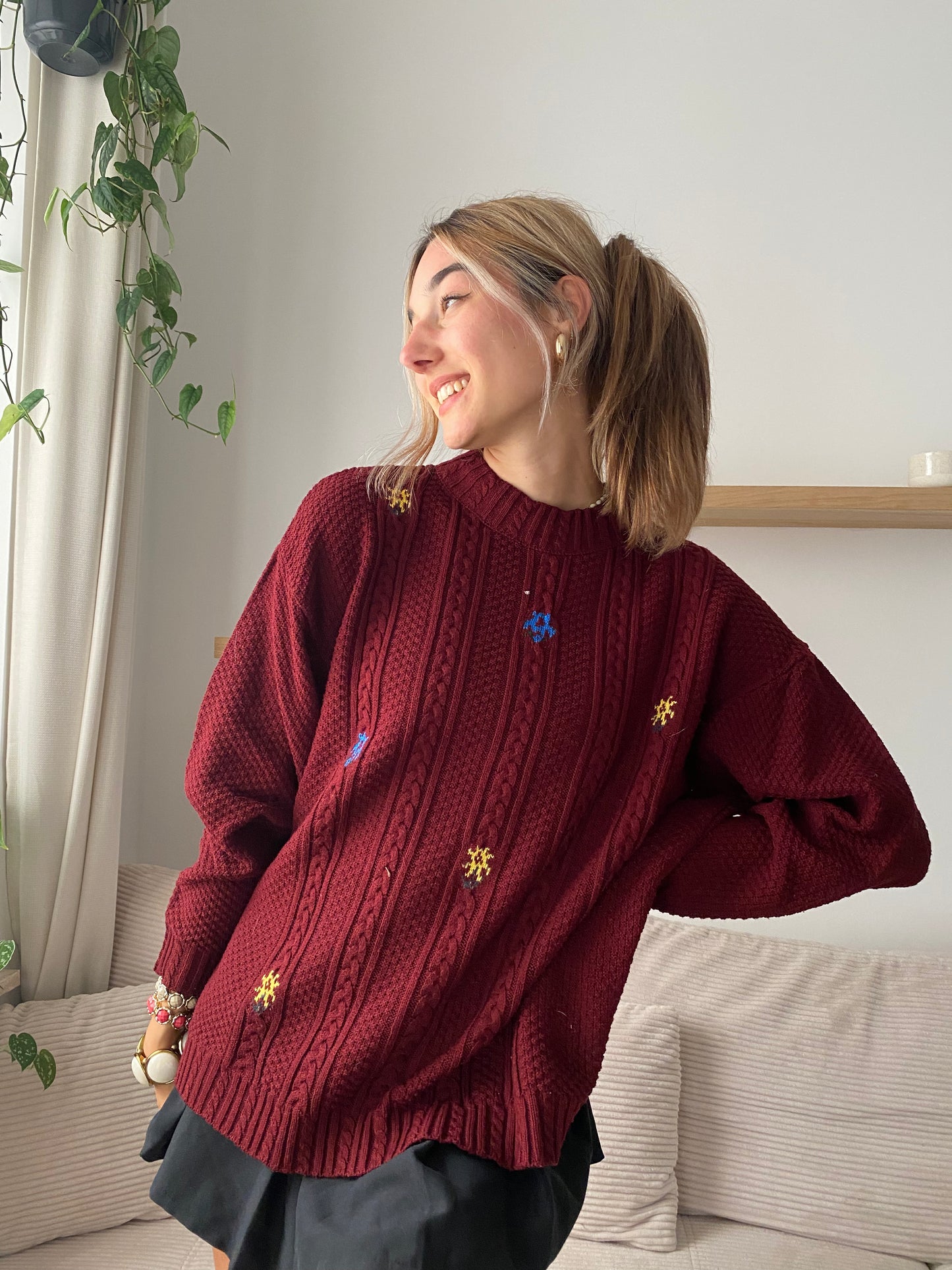 Vintage Zopfstrick Pullover in weinrot mit Stickerei, oversize, S,M,L