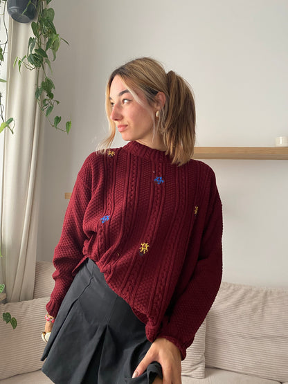Vintage Zopfstrick Pullover in weinrot mit Stickerei, oversize, S,M,L