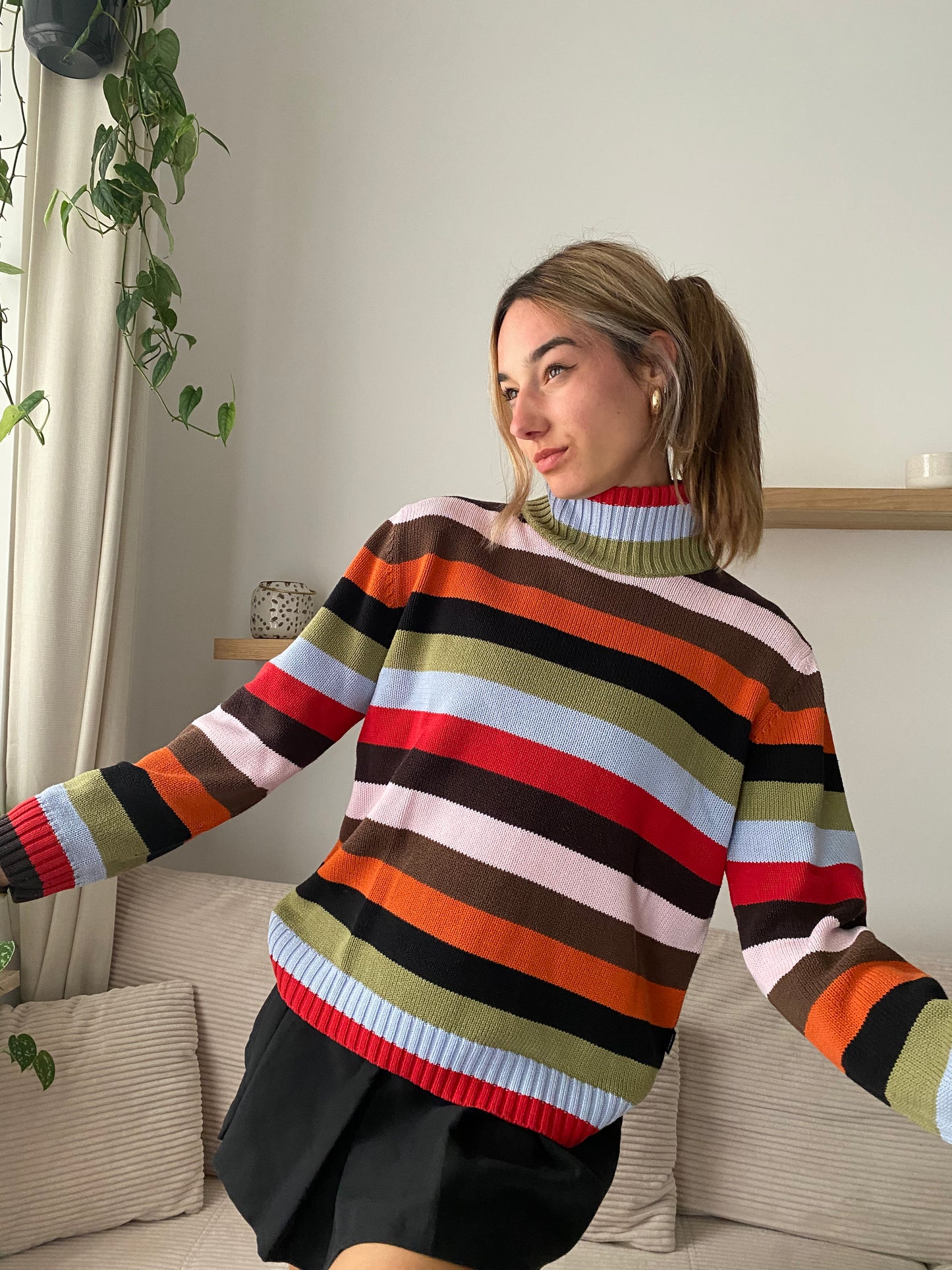 Gestreifter Retro Rollkragenpullover bunt, Blockstreifen, S-L