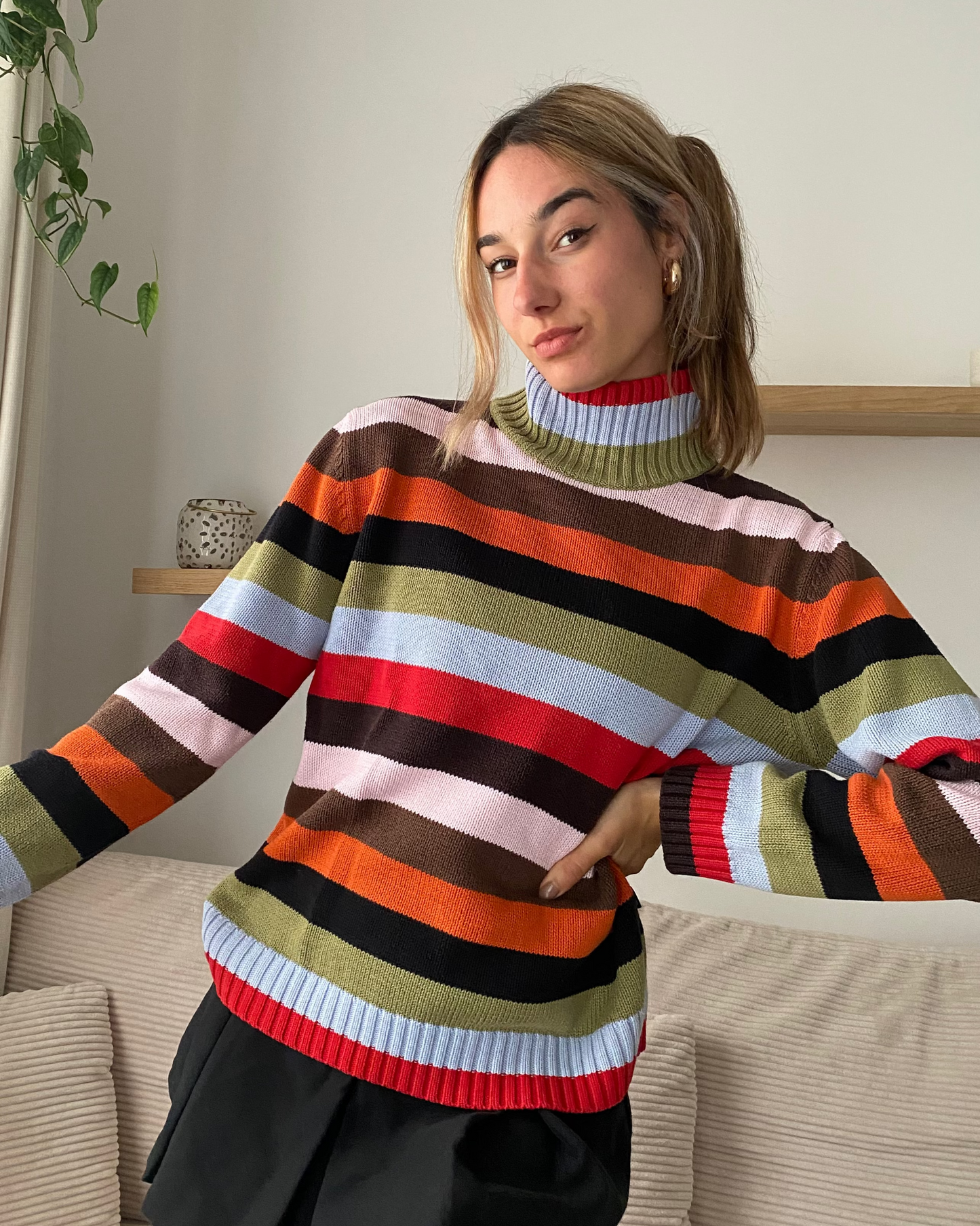 Gestreifter Retro Rollkragenpullover bunt, Blockstreifen, S-L
