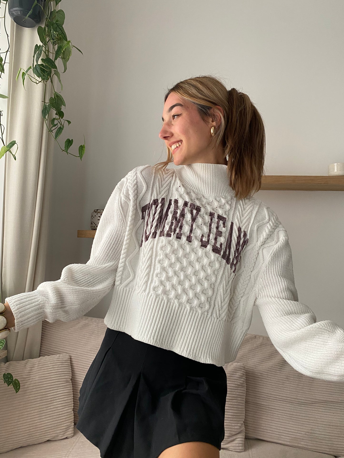 Tommy Hilfiger weißer Rollkragenpullover Grobstrick, cropped, S