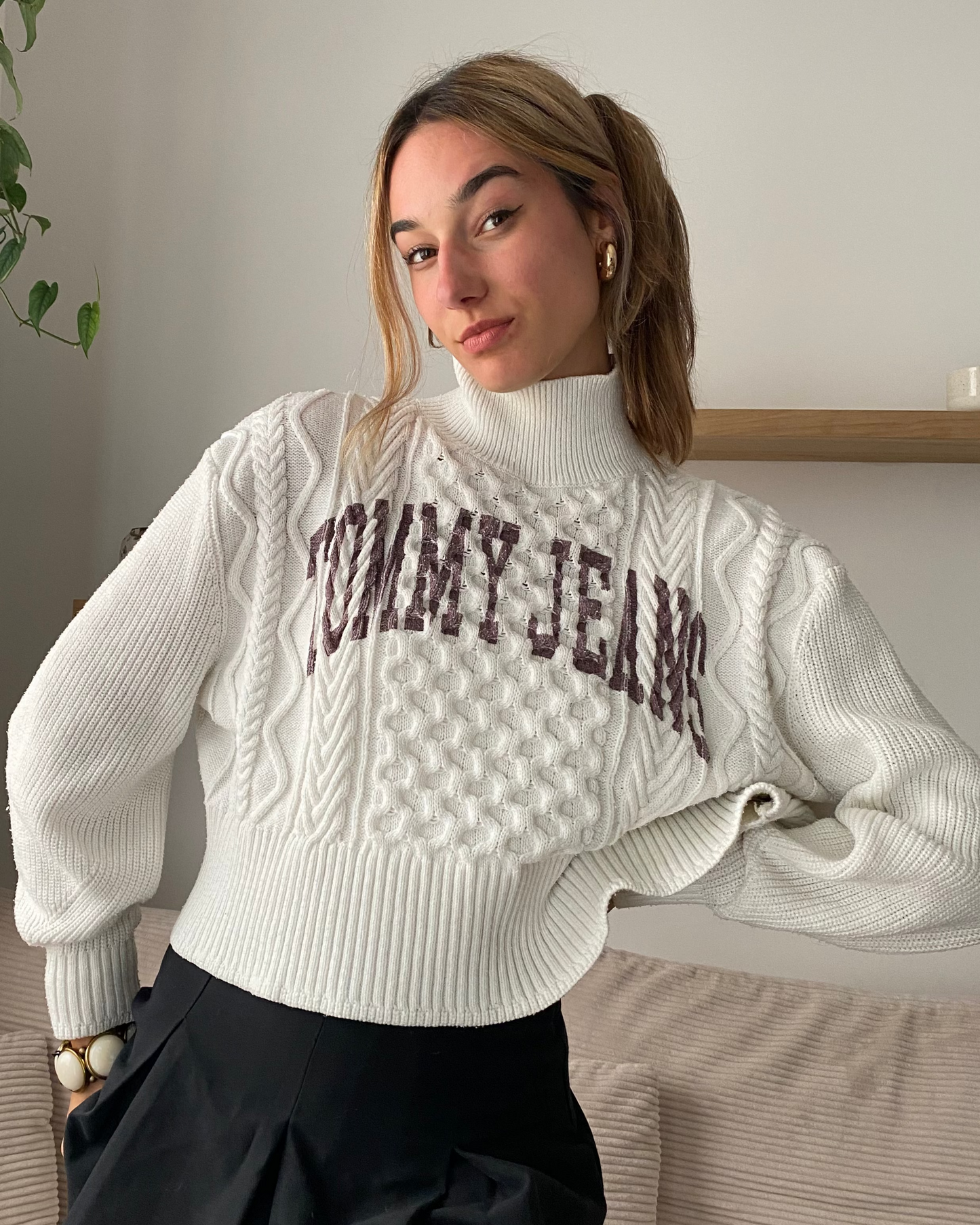 Tommy Hilfiger weißer Rollkragenpullover Grobstrick, cropped, S