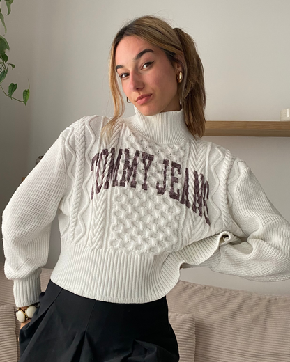 Tommy Hilfiger weißer Rollkragenpullover Grobstrick, cropped, S