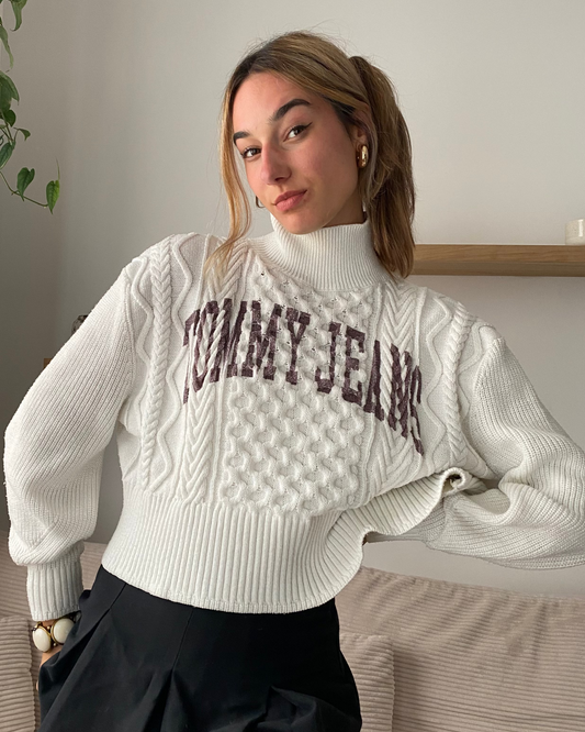 Tommy Hilfiger weißer Rollkragenpullover Grobstrick, cropped, S