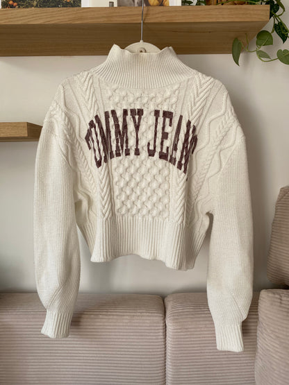 Tommy Hilfiger weißer Rollkragenpullover Grobstrick, cropped, S