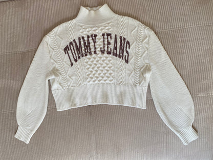 Tommy Hilfiger weißer Rollkragenpullover Grobstrick, cropped, S