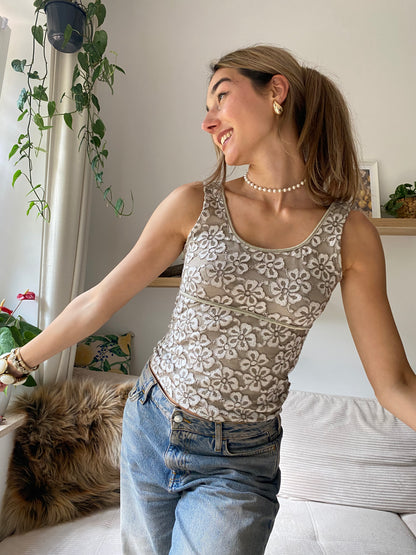 Spitzenbesetztes Cami in beige khaki, Stretch-Top, M