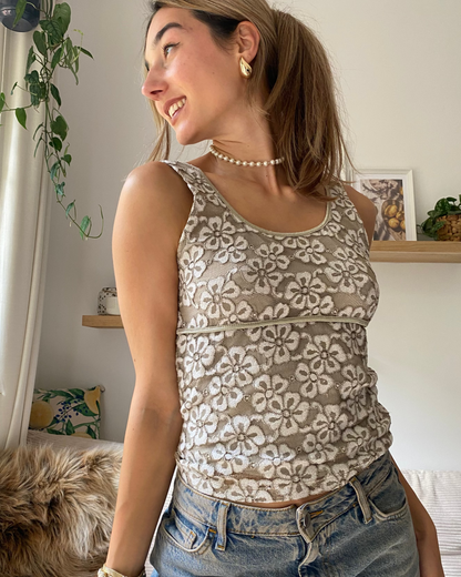 Spitzenbesetztes Cami in beige khaki, Stretch-Top, M