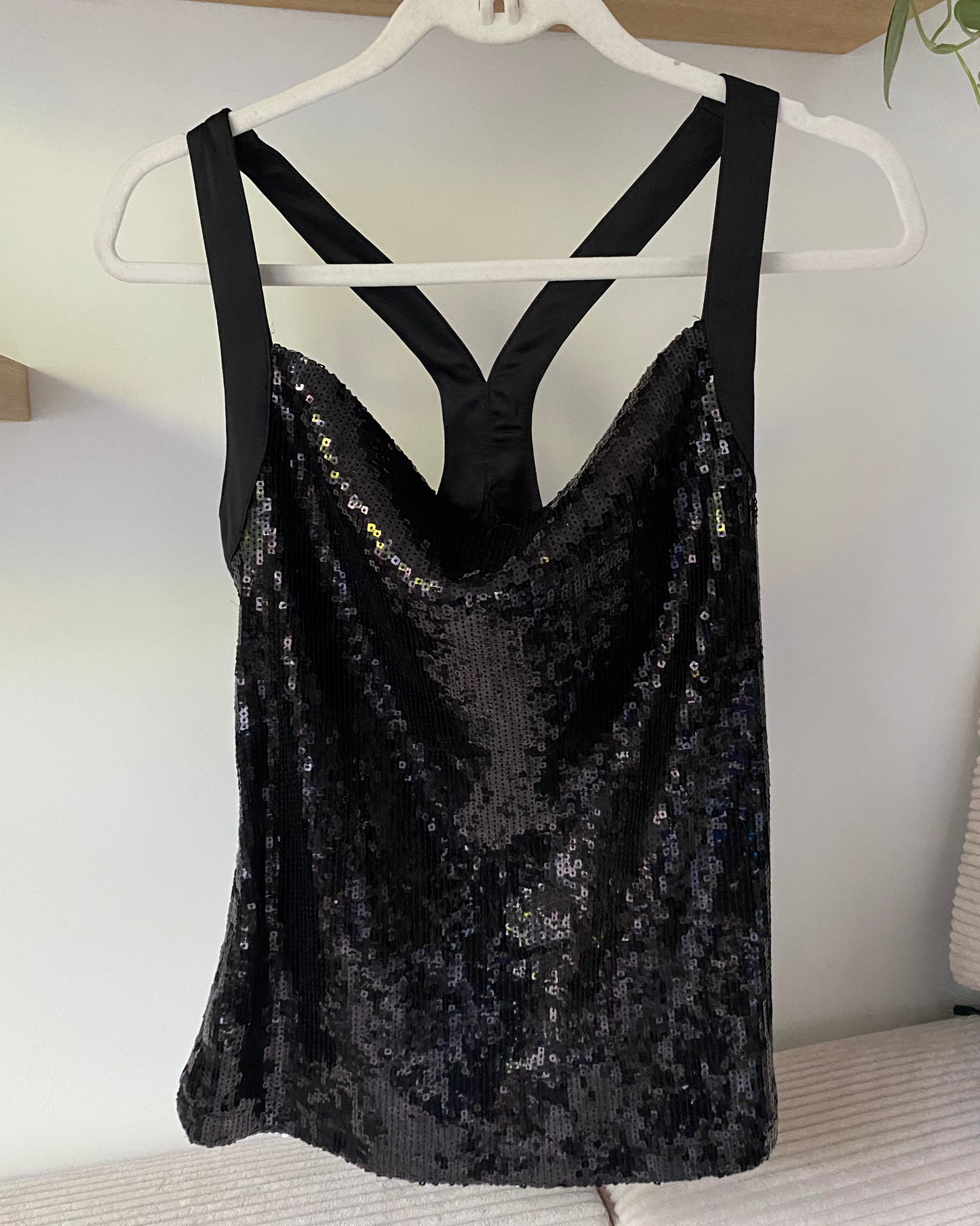 Pailletten Glitzer Top schwarz, Cowl Neck Wasserfallausschnitt, S