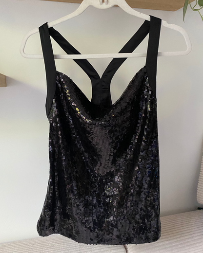 Pailletten Glitzer Top schwarz, Cowl Neck Wasserfallausschnitt, S