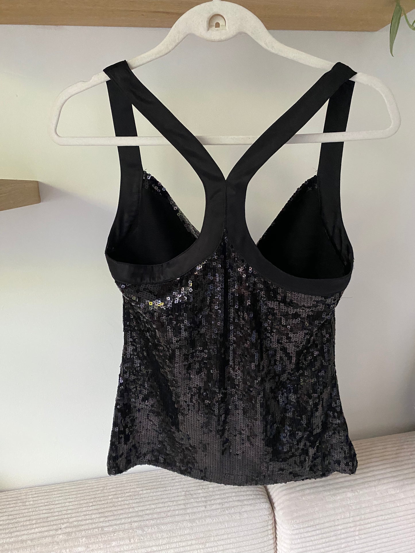 Pailletten Glitzer Top schwarz, Cowl Neck Wasserfallausschnitt, S