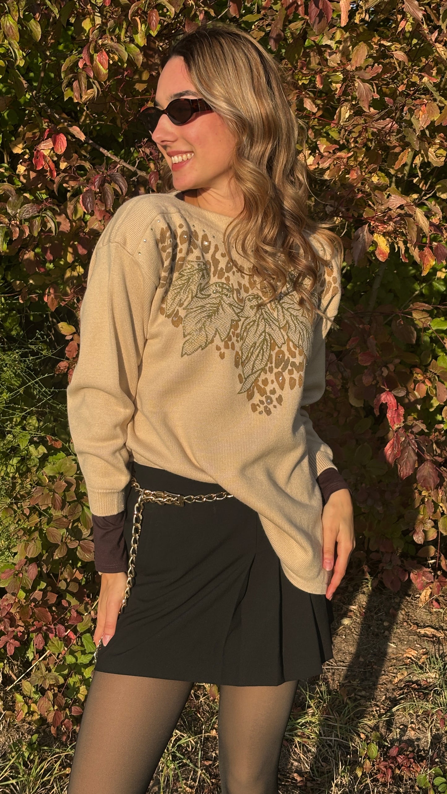 Da Capo Retro Merinowolle Sweater in beige, verziert, oversize S,M,L