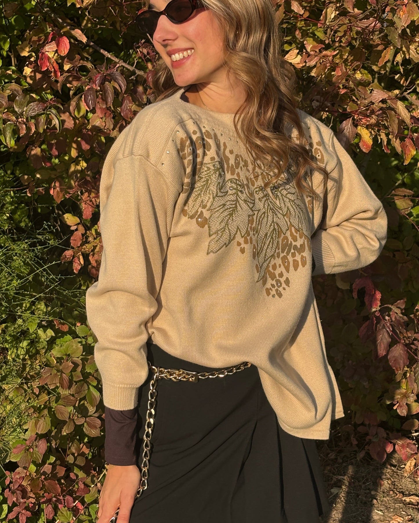 Da Capo Retro Merinowolle Sweater in beige, verziert, oversize S,M,L