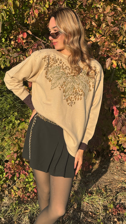 Da Capo Retro Merinowolle Sweater in beige, verziert, oversize S,M,L