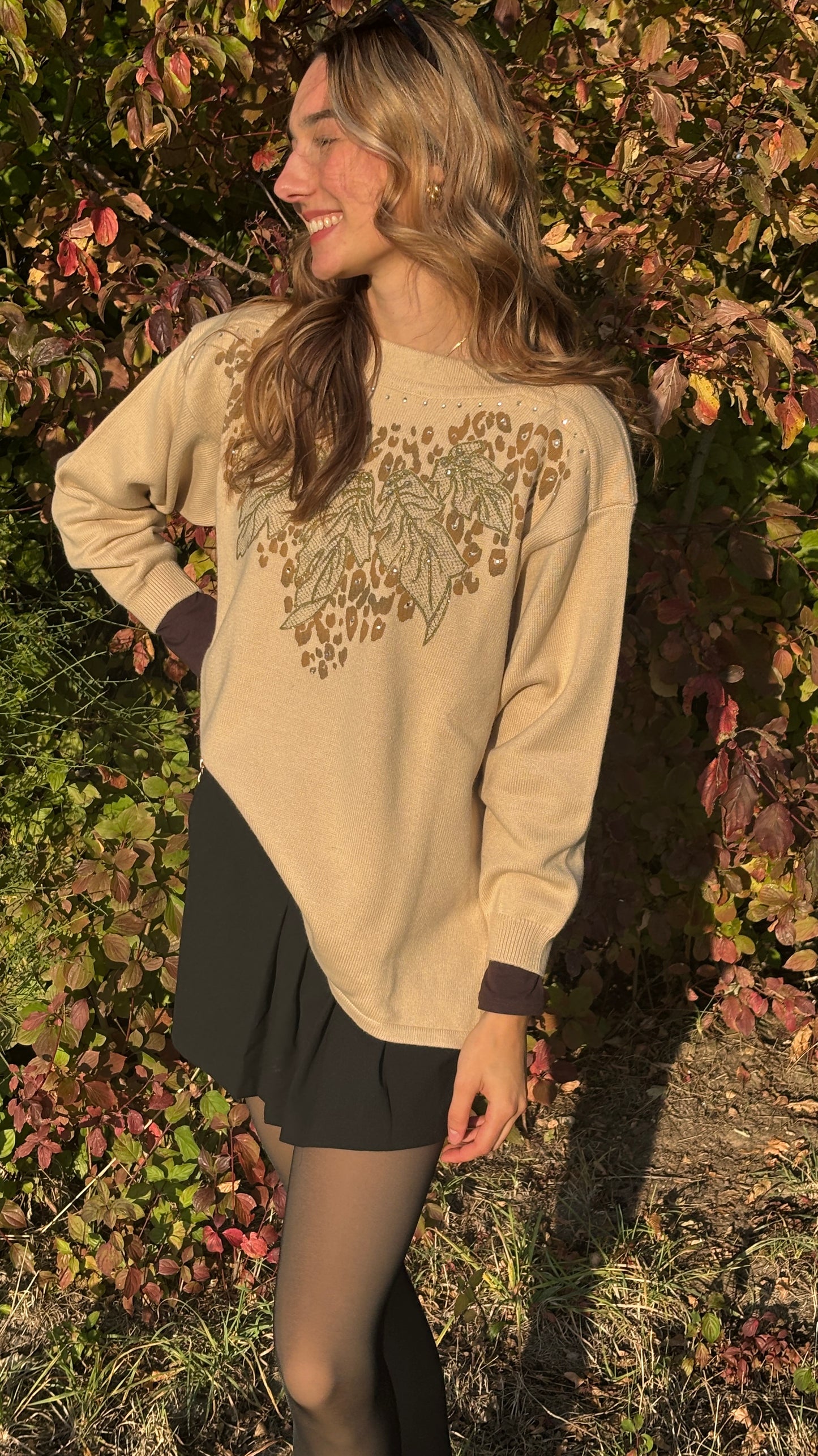 Da Capo Retro Merinowolle Sweater in beige, verziert, oversize S,M,L