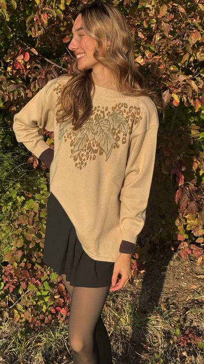 Da Capo Retro Merinowolle Sweater in beige, verziert, oversize S,M,L