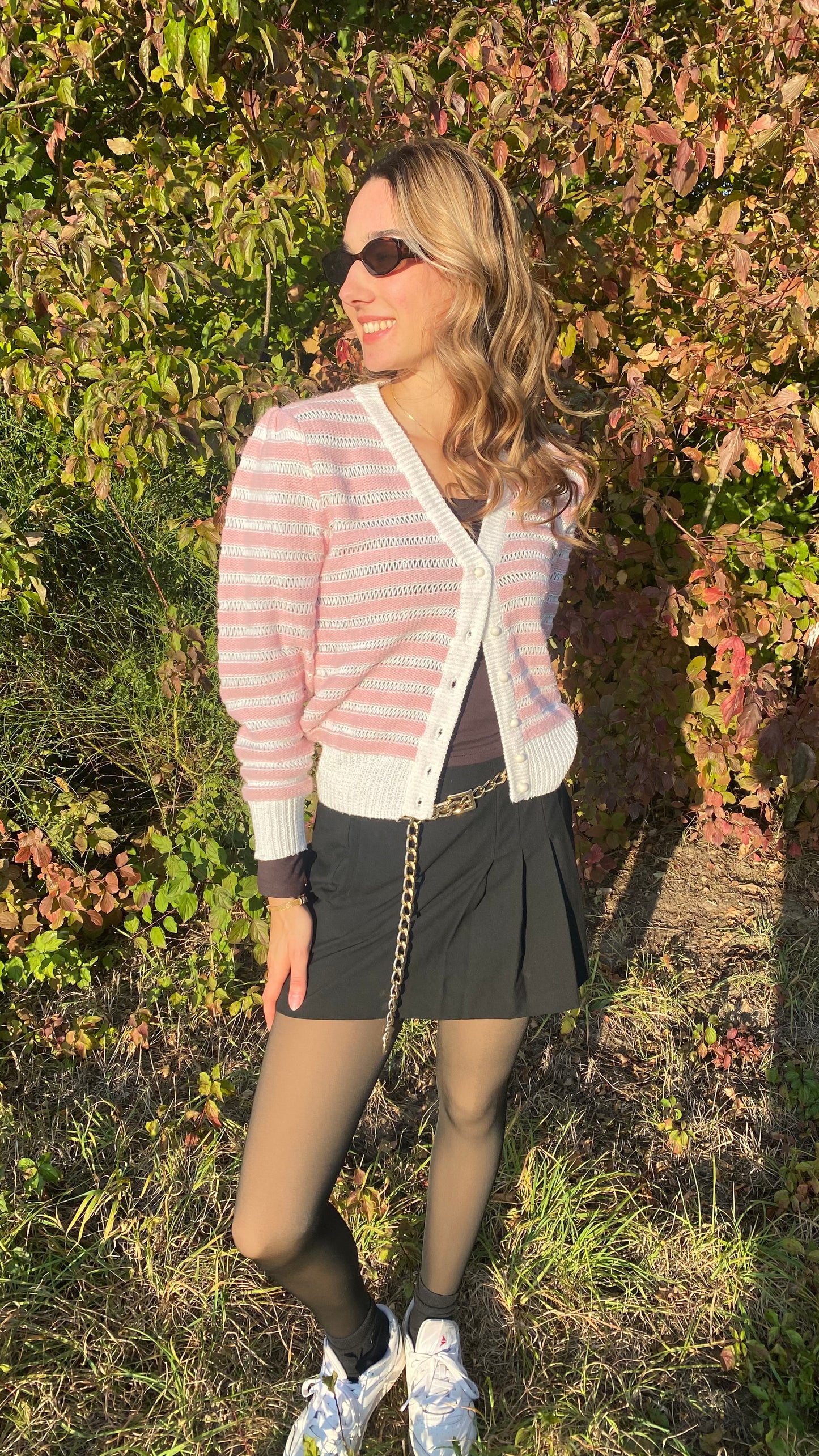 Strickjacke rosa-weiß gestreift mit Knöpfen im Retro Stil, S-M