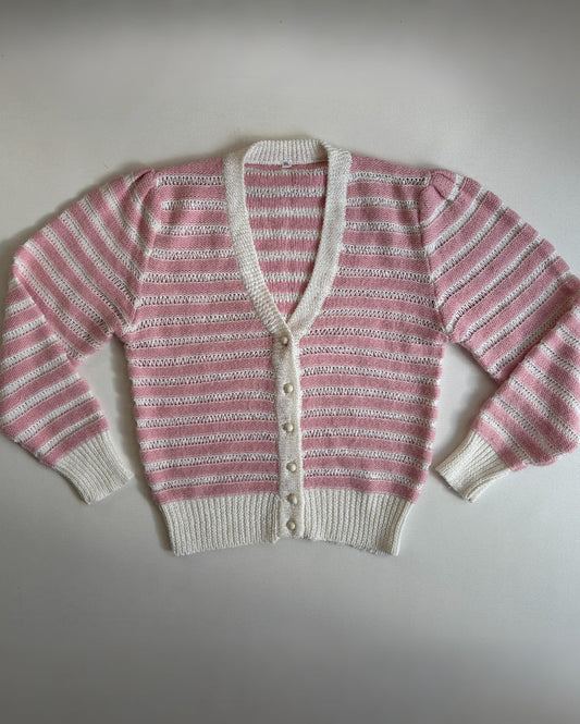 Strickjacke rosa-weiß gestreift mit Knöpfen im Retro Stil, S-M