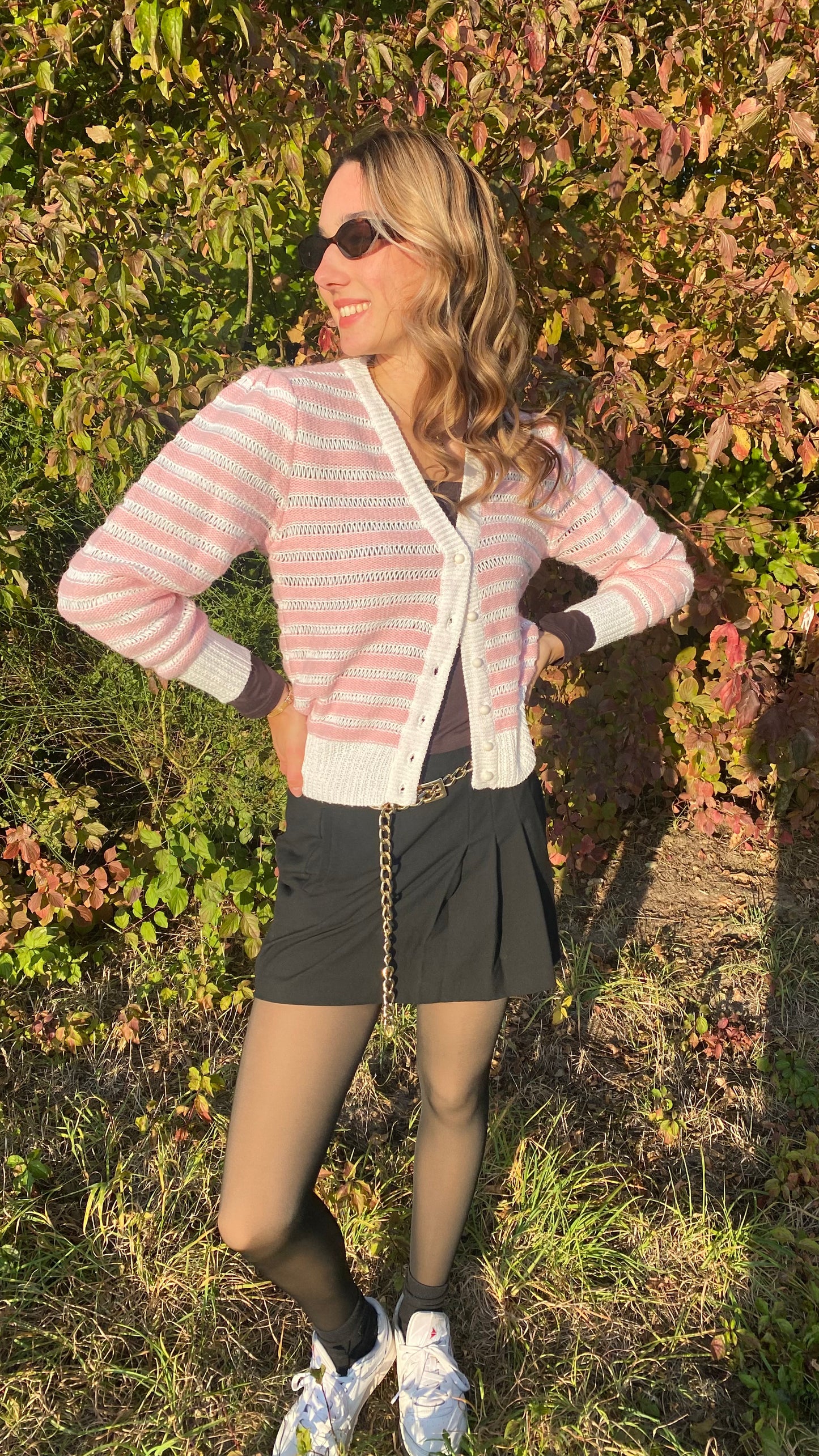 Strickjacke rosa-weiß gestreift mit Knöpfen im Retro Stil, S-M