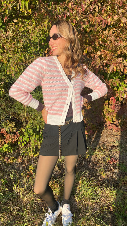 Strickjacke rosa-weiß gestreift mit Knöpfen im Retro Stil, S-M