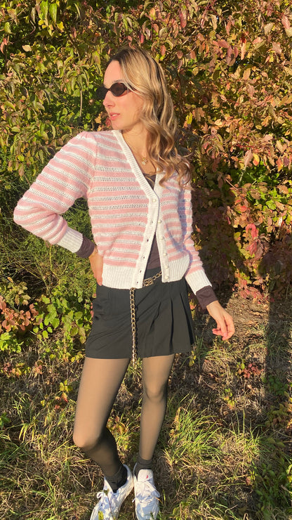 Strickjacke rosa-weiß gestreift mit Knöpfen im Retro Stil, S-M