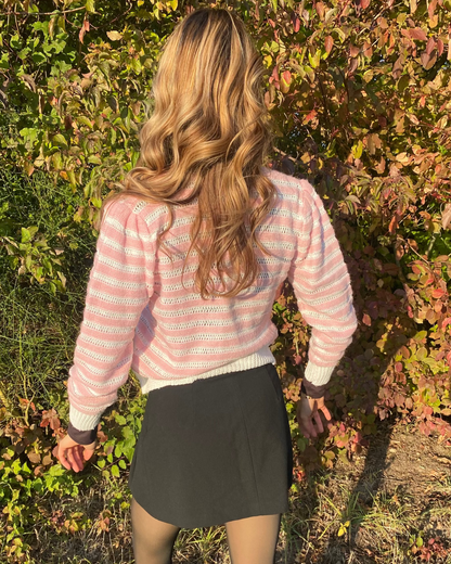 Strickjacke rosa-weiß gestreift mit Knöpfen im Retro Stil, S-M