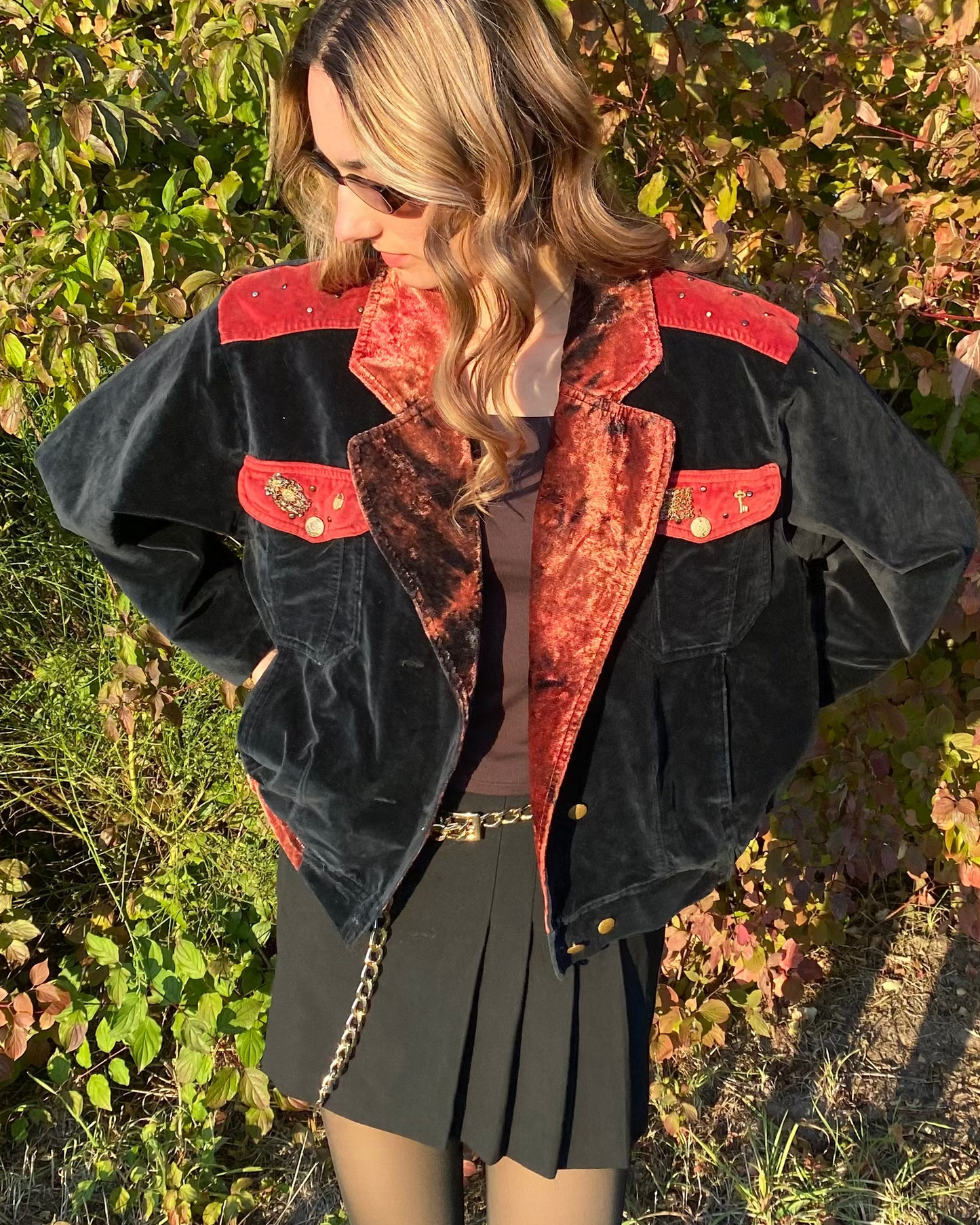 Samt Blazer-Bomberjacke 90er Jahre in schwarz weinrot, S