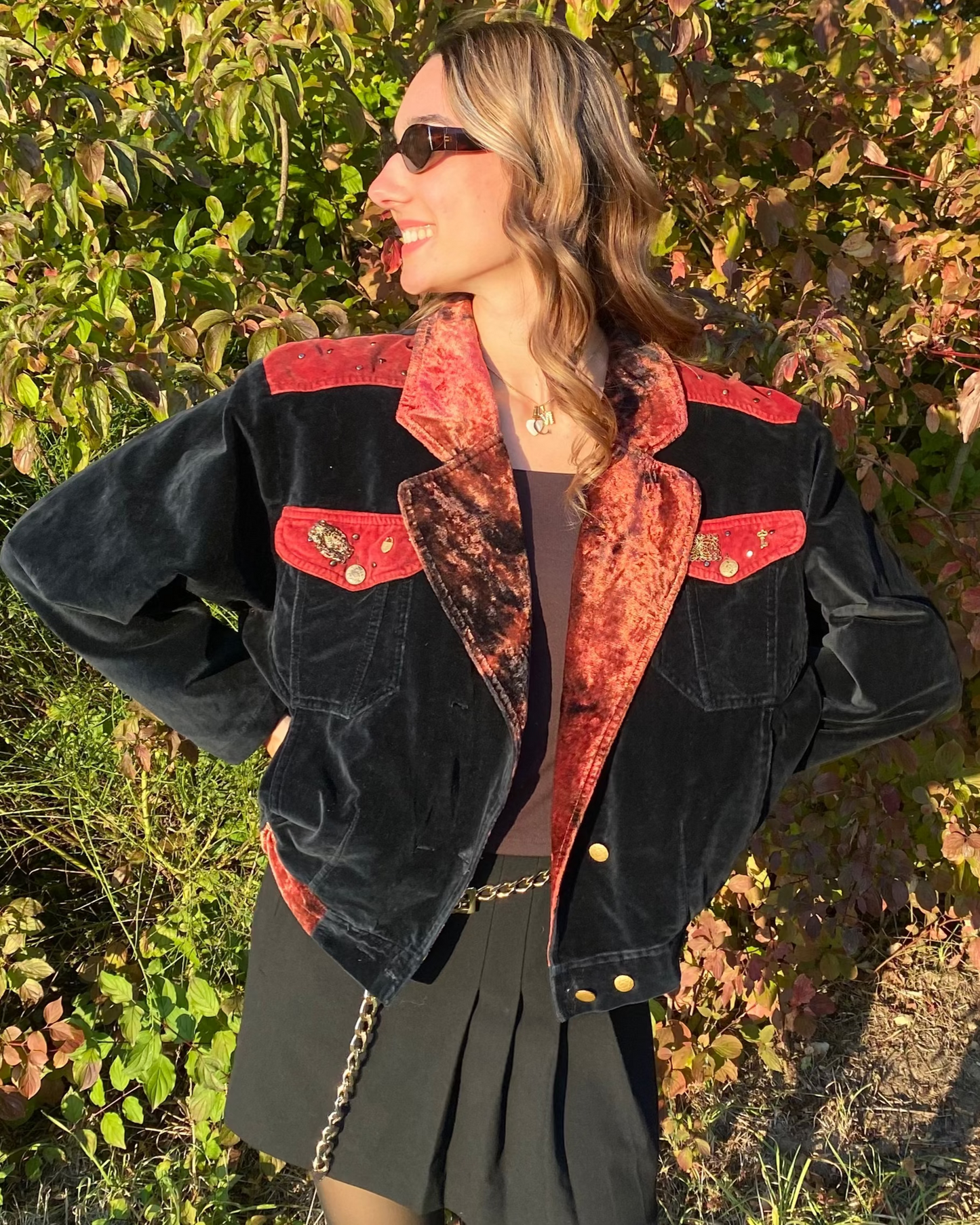 Samt Blazer-Bomberjacke 90er Jahre in schwarz weinrot, S