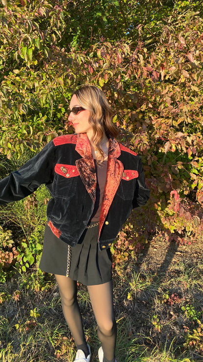 Samt Blazer-Bomberjacke 90er Jahre in schwarz weinrot, S