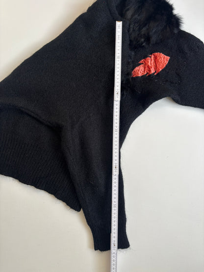 Mohair 80er Jahre Pullover mit Kunstfellbesatz und Verzierungen, schwarz, S,M