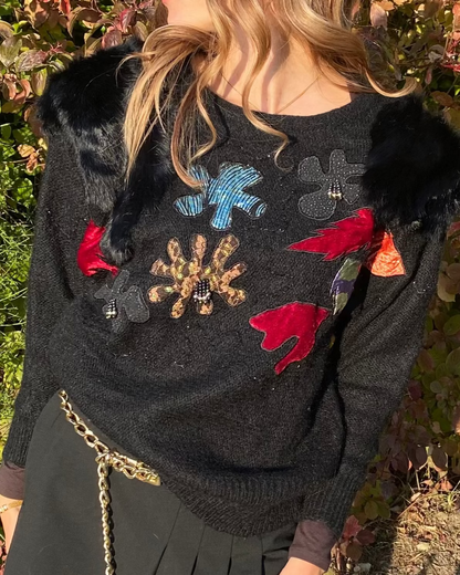 Mohair 80er Jahre Pullover mit Kunstfellbesatz und Verzierungen, schwarz, S,M