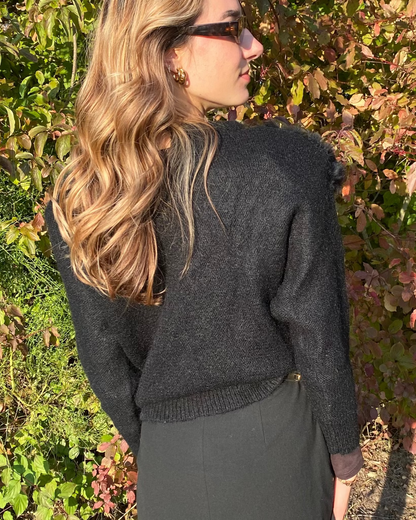 Mohair 80er Jahre Pullover mit Kunstfellbesatz und Verzierungen, schwarz, S,M