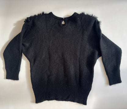 Mohair 80er Jahre Pullover mit Kunstfellbesatz und Verzierungen, schwarz, S,M