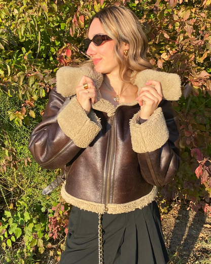 Zara Shearling-Fliegerjacke dunkelbraun mit Kunstfell, L passt S-M