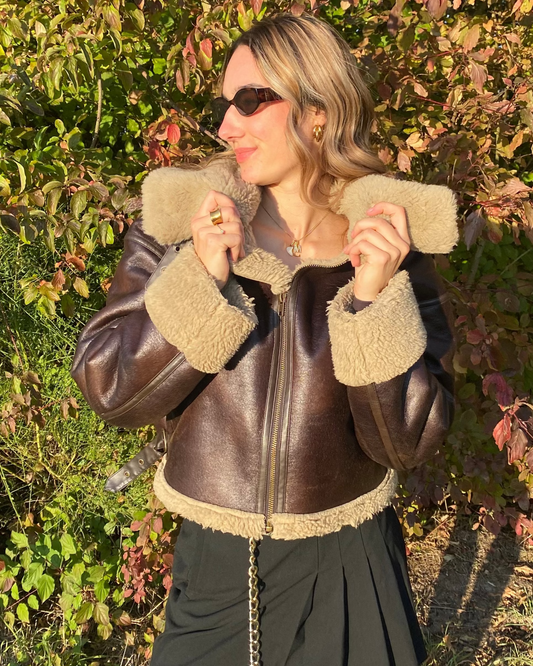 Zara Shearling-Fliegerjacke dunkelbraun mit Kunstfell, L passt S-M