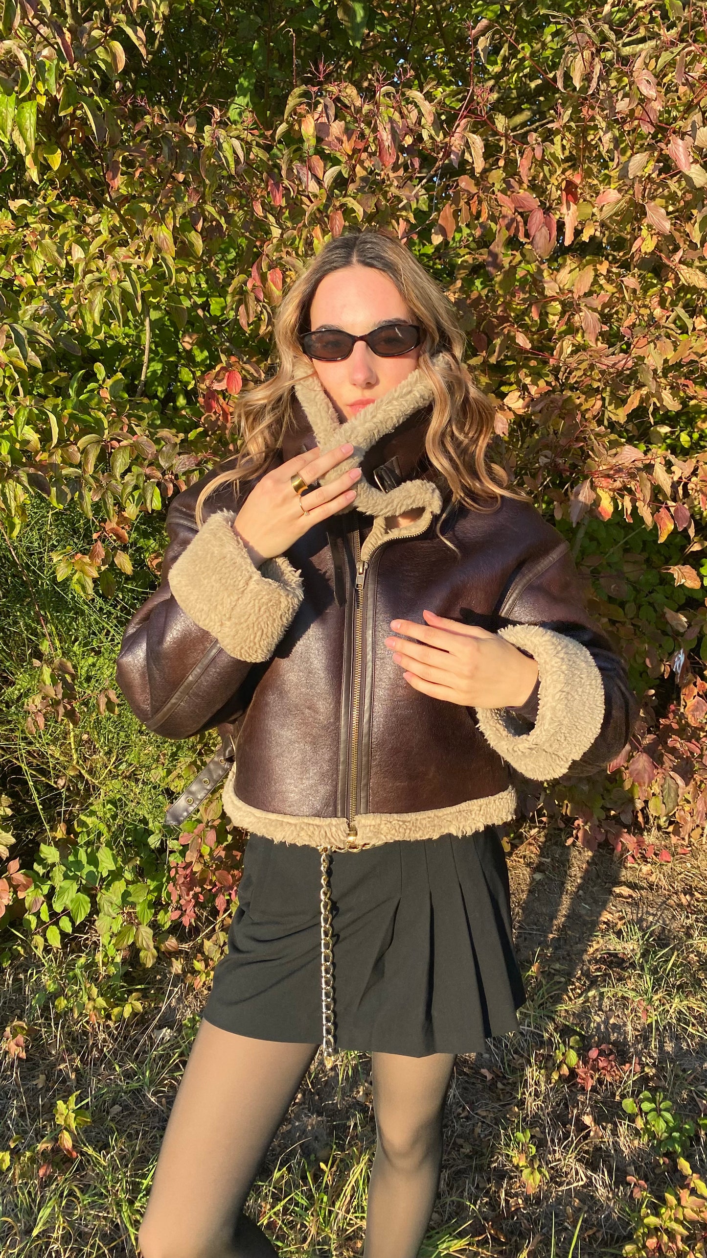 Zara Shearling-Fliegerjacke dunkelbraun mit Kunstfell, L passt S-M