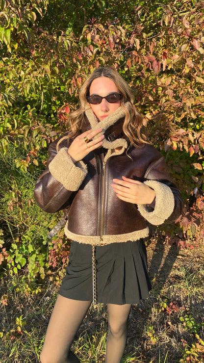 Zara Shearling-Fliegerjacke dunkelbraun mit Kunstfell, L passt S-M