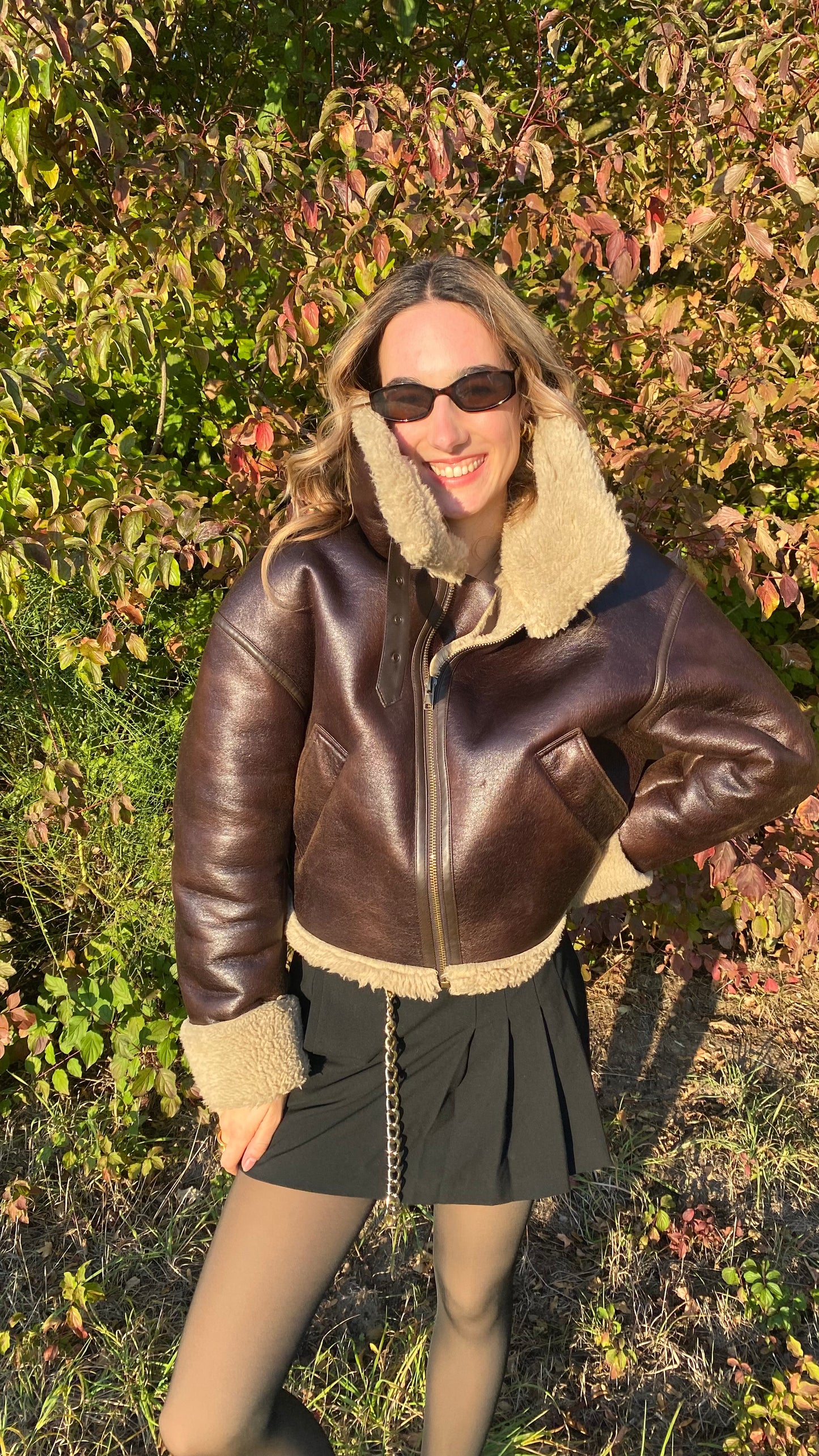 Zara Shearling-Fliegerjacke dunkelbraun mit Kunstfell, L passt S-M