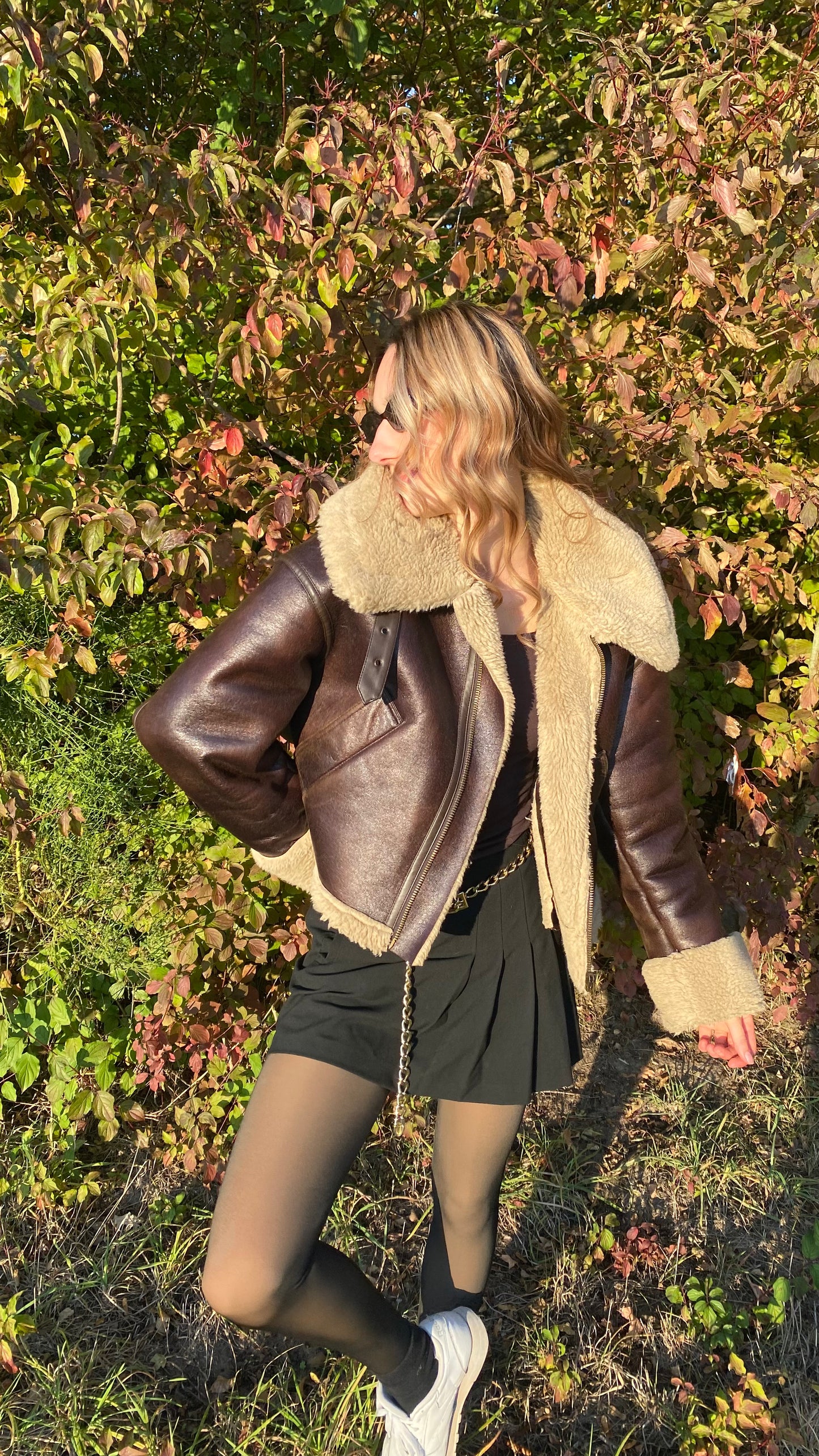 Zara Shearling-Fliegerjacke dunkelbraun mit Kunstfell, L passt S-M