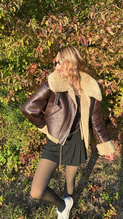 Zara Shearling-Fliegerjacke dunkelbraun mit Kunstfell, L passt S-M