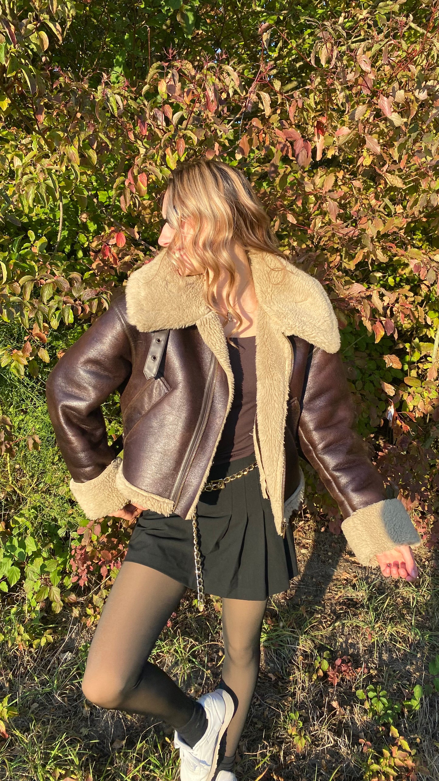 Zara Shearling-Fliegerjacke dunkelbraun mit Kunstfell, L passt S-M