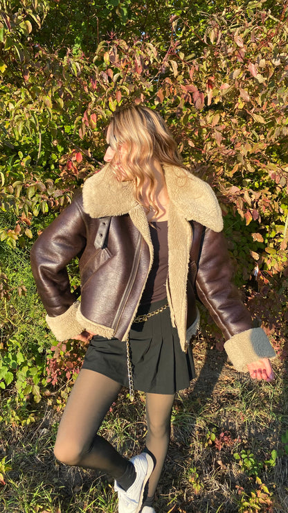 Zara Shearling-Fliegerjacke dunkelbraun mit Kunstfell, L passt S-M