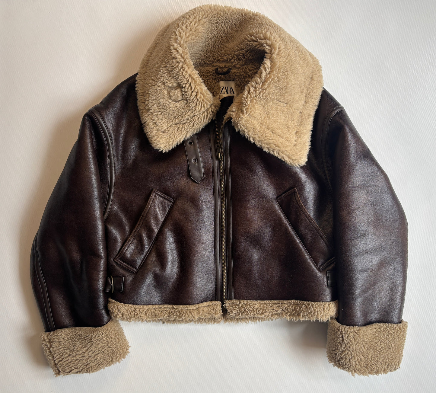 Zara Shearling-Fliegerjacke dunkelbraun mit Kunstfell, L passt S-M