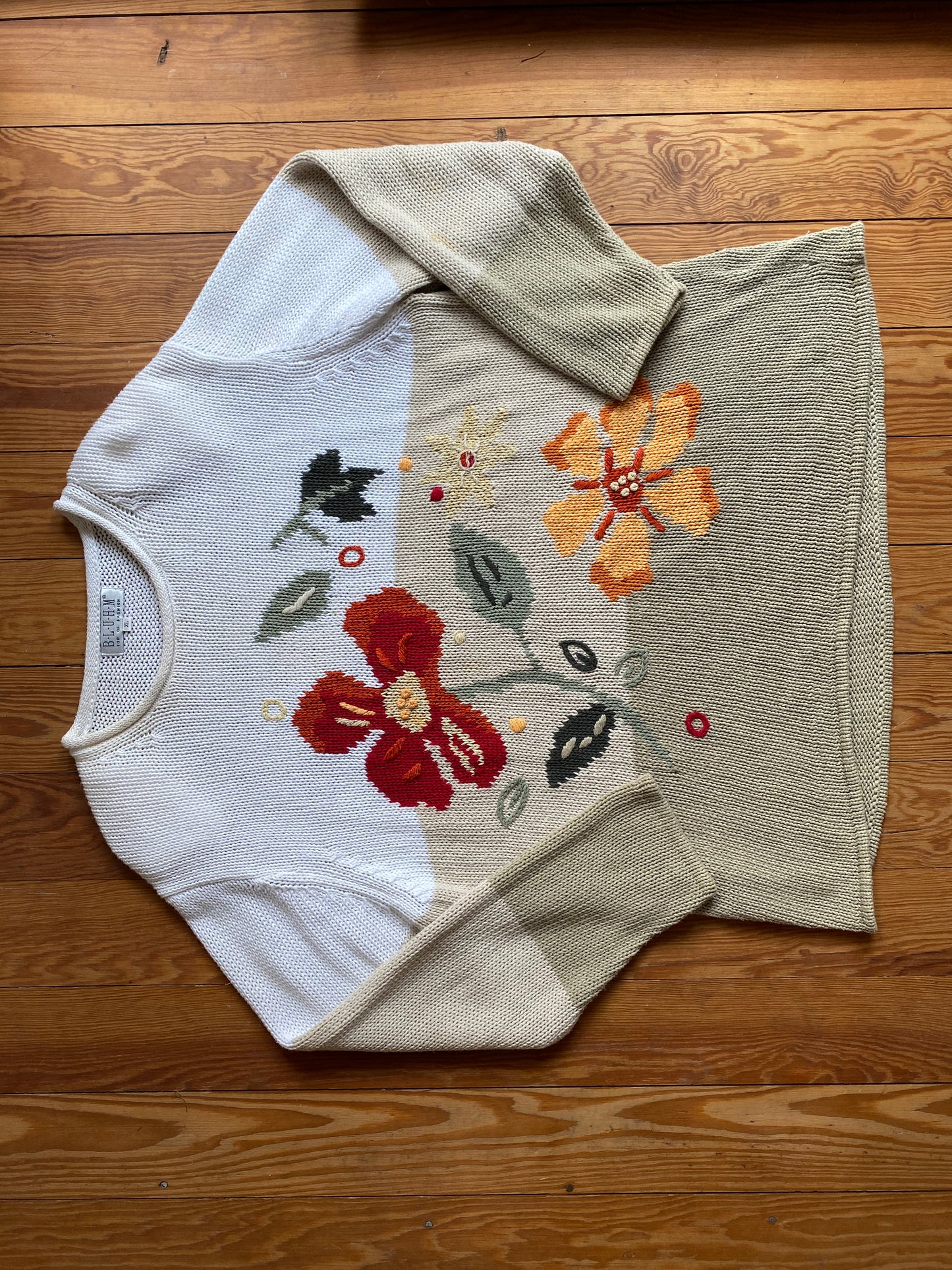 Vintage Grobstrickpullover mit gestickten Blumen in beige, oversize XL