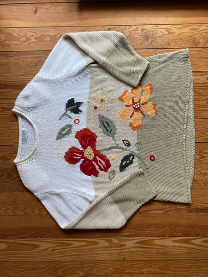 Vintage Grobstrickpullover mit gestickten Blumen in beige, oversize XL