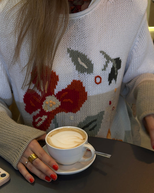 Vintage Grobstrickpullover mit gestickten Blumen in beige, oversize XL